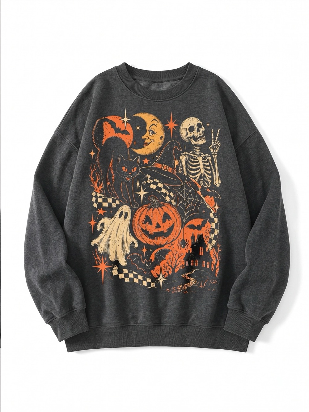 Spooky Collage Checkerboard Halloween Charcoal Sweatshirt - Picture 2 of 4